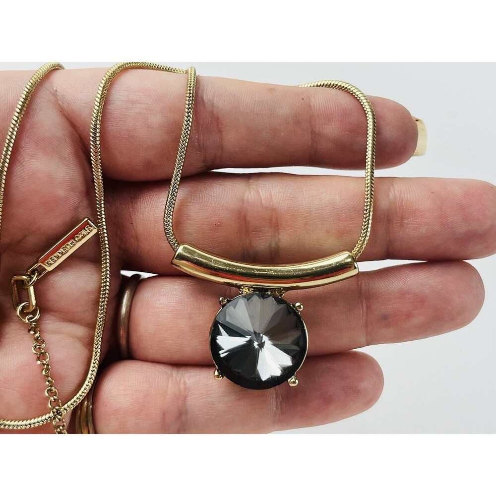 Vintage Modernist Gold Tone Necklace Slider Rope Chain Rhinestone Round Gray Cha